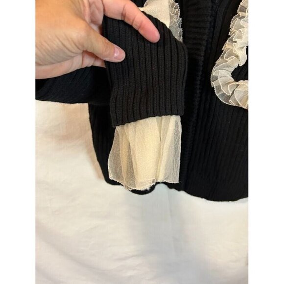 Womens Black Cardigan Sweater Cream Chiffon trim Pockets Bows I-east Large - Picture 2 of 4
